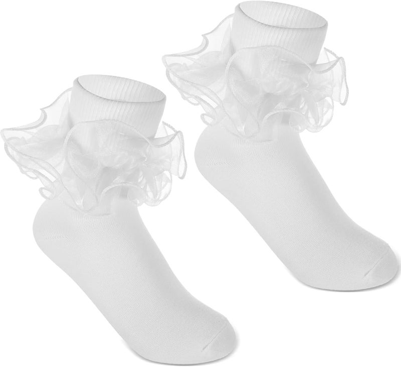 Lnngub White Ruffle Socks Women Ruffle Socks Girls Ruffle Socks White Socks with Ruffles Double Lace Turn Cuff Socks Lace Ruffle Socks Comfortable Cotton Socks Frilly Socks for Girls Aged 10-12 Years - Image 1